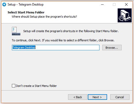 Select start menu folder for Telegram